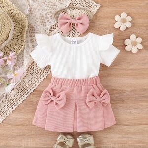 2Pcs Baby Girl Cotton Ribbed Ruffle Short-sleeve Tee and Skirt